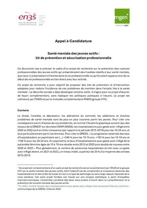 Appel à candidature Santé Mentale Des Jeunes Actifs Prévention Et Sécurisation Professionnelle