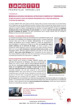 Bordeaux accueille un nouvel acteur sur le marché de l'immobilier : le Groupe Lamotte - 3 mars 2015