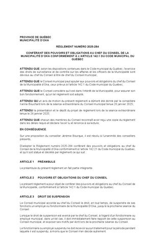 Règlement 2025-284 - Portant sur le pouvoir de suspension d'un employé
