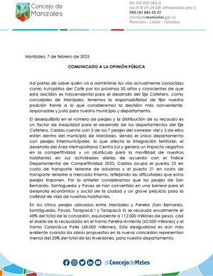 Comunicado concejales de Manizales sobre Autopistas del Café