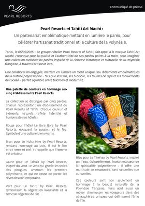Communiqué de Presse_Pearl Resorts_Paréo_Collaboration avec Tahiti Art Maohi