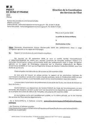 2025 01 21 Notification prélèvements d’eau à usage d’irrigation sur la nappe de Champigny