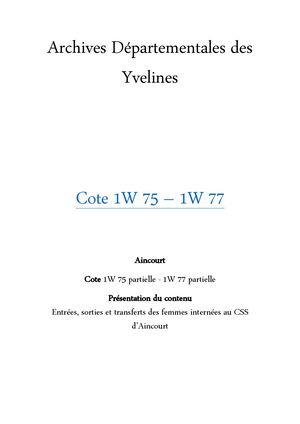 Les Femmes Internées au CSS d'Aincourt AD78 - 1W 75 / 1W 77