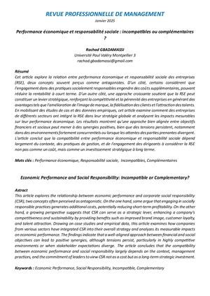 Performance éConomique Et Responsabilité Sociale Incompatibles Ou Complémentaires