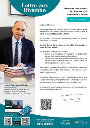 Lettre Aux Riverains  : Fermeture pour travaux le 18 février 2025 Chemin de la Justice