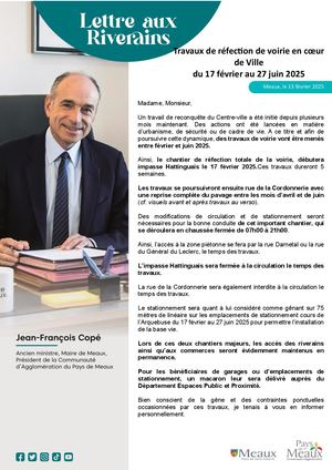 Lettre Aux Riverains : Travaux de réfection de voirie en coeur de Ville