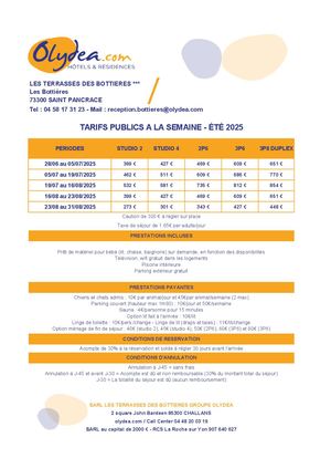 Tarifs - Olydea Les Bottières 2025