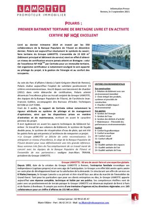 Polaris, premier bâtiment tertiaire de Bretagne certifié NF HQE Excellent - 3 septembre 2015