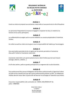 Petite Enfance - règlement intérieur RPE