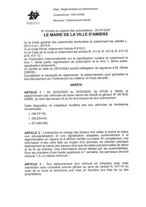 Arrêté De Réglementation Du Stationnement Rue Daire à Amiens Du 02/03 Au 05/03/2025, 25-AT-0337