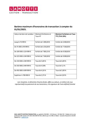 Barème des honoraires de transaction - Lamotte Gestion-Transaction