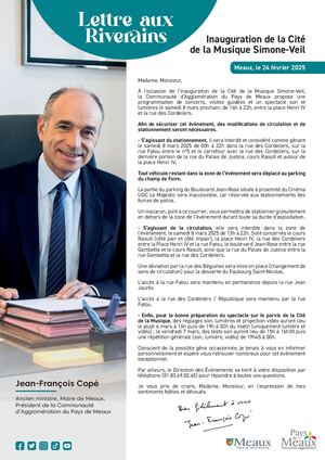 Lettre Riverains  : Inauguration de la Cité de la Musique Simone-Veil