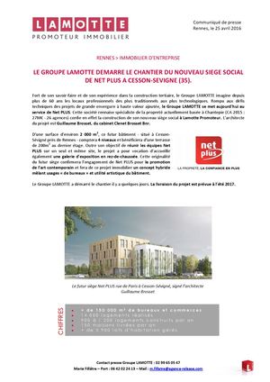 Lamotte démarre le chantier du nouveau siège social de Net Plus à Cesson-Sévigné - 25 avril 2016