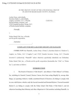 Complaint- Karolina Kurkova, Archie Drury Sue Fisher Island Club