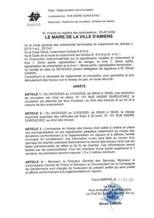 Arrêté De Réglementation De La Circulation Rue Andre Durouchez à Amiens, Du 04/03 Au 21/03/2025, 25-AT-0354, publié le 27/02/2025
