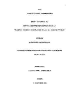 Sena Informe Taller De Reflexión Escrita Caso Malala Jhon Fawer Rincon Palacio