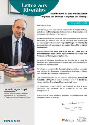 Lettre aux riverains : Modification du sens de circulation Impasse des Sources – Impasse des Champs