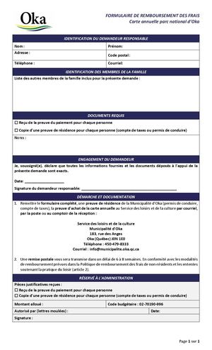 Politique de remboursement des frais de non-résidents - FORMULAIRE POUR LA CARTE DU PARC NATIONAL D'OKA