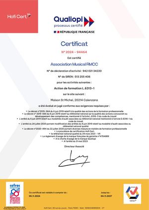 Certificat Qualiopi Association Musical Rmcc