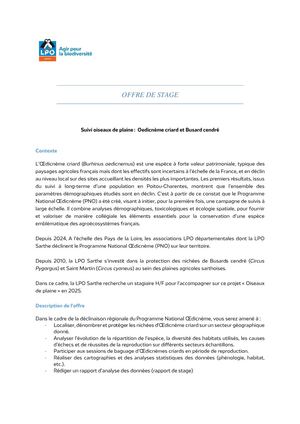 Offre Stage Oedicnème V Lpo Sarthe 2025 Bon