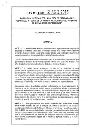 Ley 1804 2016 Primera Infancia