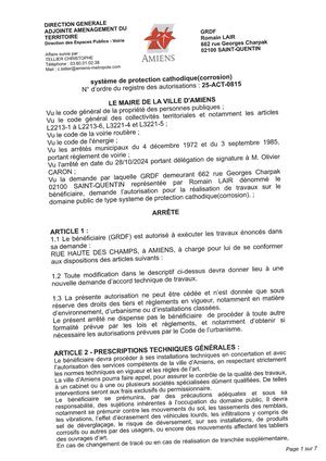 Arrêté De Système De Protection Cathodique, Rue Haute Des Champs à Amiens, 25-ACT-0815,  Publié le 07/03/2025