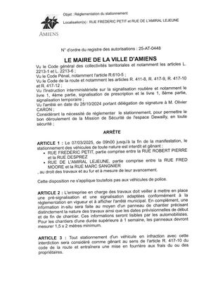 Arrêté De Réglementation Du Stationnement Rue Frederic Petit Et Rue De L'amiral Lejeune à Amiens, Le 07/03/2025 de 09h00 jusqu'à la fin de la manifestation, 25-AT-0448, Publié le 07/03/2025