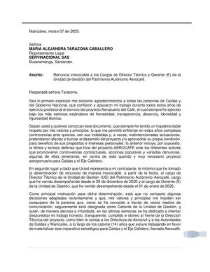 Gerente (e) del Patrimonio Autónomo de Aerocafé presentó renuncia irrevocable