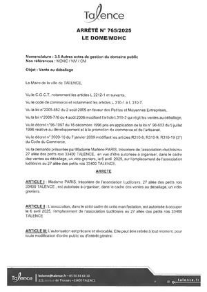 Arrete 765-2025-Vide Grenier Organise Par Ludiloisirs Le 06-04-2025-Publié Le 10 03 2025