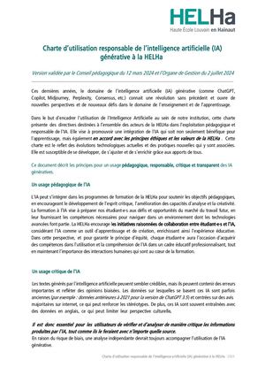 Charte d'utilisation des IA à la HELHa 2024-2025