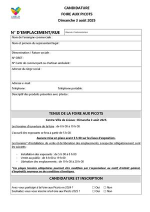 Formulaire de candidature  - Foire aux Picots 2025
