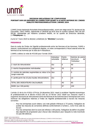Mesures de correction de l'index égalité professionnelle UNMI 2024