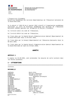 Annexe 1 Arrêté Carte Scolaire 1er Degré 14 Mars 2025