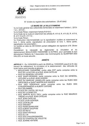 Arrêté De Réglementation De La Circulation Et Du Stationnement Boulevard Faidherbe Et Autres à Amiens, Du 12/04 de 20h00 Au 13/04/2025 jusqu'à la fin des travaux de nettoiement,, 25-AT-0442 , Publié le 17/03/2025