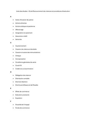 Liste des études ELnet Recouvrement de créances et procédures d'exécution