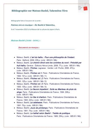 Bibliographie croisée sur Takemitsu Tôru et Matsuo Bashô