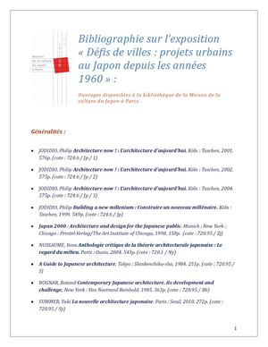 Bibliographie l'exposition "Défis de villes - Projets urbains du Japon depuis les années 1960"