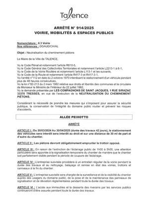 Arrete 914-2025-Interdiction Stationnement Allee Peixotto Du 20-03 Au 30-04-2025-Publié Le 14 03 2025