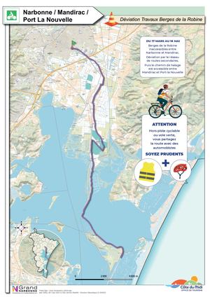 Déviation vélo Narbonne - Mandirac - Port-La Nouvelle Phase 2 (du 18/04 au 16/05/25)