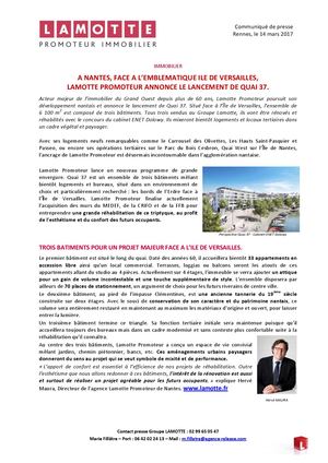 À Nantes, Lamotte Promoteur annonce le lancement de Quai 37 - 14 mars 2017
