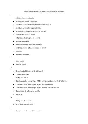 Liste des études ELnet Sécurité et conditions de travail