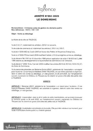Arrete 892-2025-Vide Greniers De L'association Un Espoir Pour L'autisme Le 26-04-2025-Publié Le 21 03 2025