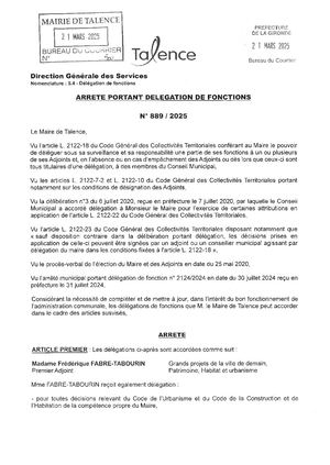 Arrête 889-2025 - Délégation De Fonctions 18 03 2025