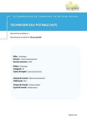 Annonce Technicien Eau Potable