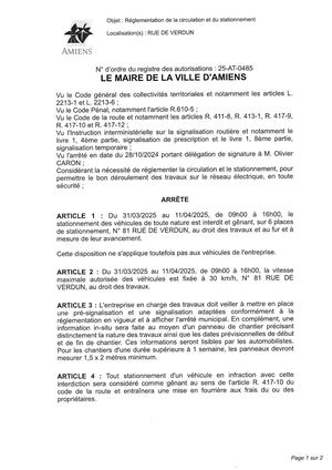 Arrêté De Réglementation De La Circulation Du Stationnement Rue De Verdun à Amiens, Du 31/03 Au 11/04/2025 de 09h00 à 16h00, 25-AT-0485, Publié le 24/03/2025