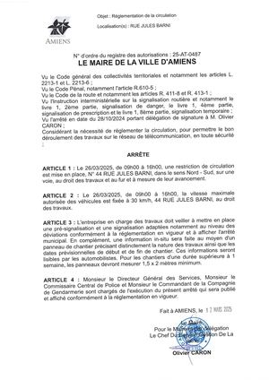 Arrêté De Réglementation De La Circulation Rue Jules Barni à Amiens, Le 26/03/2025 de 09h00 à 16h00, 25-AT-0487, Publié le 24/03/2025