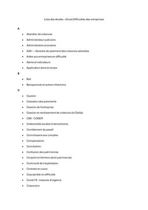 Liste des études ELnet Difficultés des entreprises