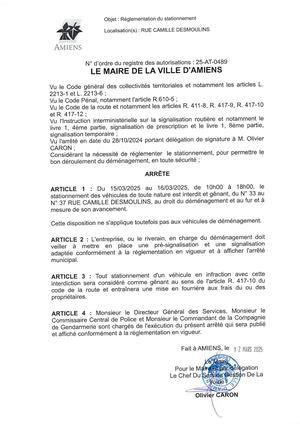 Arrêté De Réglementation Du Stationnement Rue Camille Desmoulins à Amiens, Du 15/03 Au 16/03/2025 de 10h00 à 18h00, 25-AT-0489, Publié le 24/03/2025