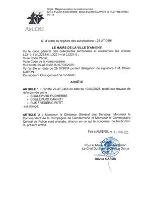 25-AT-0491 Arrêté D'abrogation De Réglementation Du Stationnement, Boulevard Faidherbe Et Autres à Amiens, 25-AT-0468, Publié le 24/03/2025