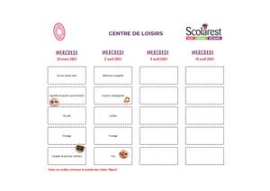 Menu du mercredi 26 mars et 2 avril 2025
